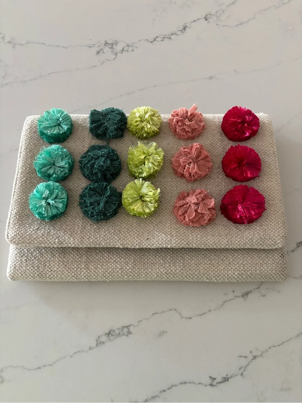 Stella & Dot Neutral Fold-Over Clutch with Multi Pom Poms